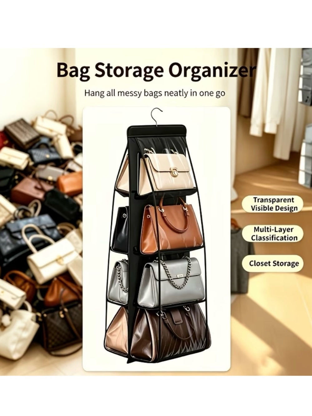 Bag Storage Organizer Hanging Purse Holder - Black